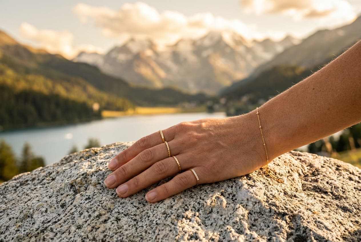 Hand mit 18K vergoldeten Ringen und Armband im Engadin
